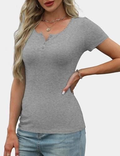 GKBK Short Sleeve Shirts Basic Tees Tshirts for Women Ribbed Fitted Tight Henley Shirts Dressy Casual Cute Spring Summer Tops 2025 Trendy Outfits Clothes Light Grey L - Thumbnail 4