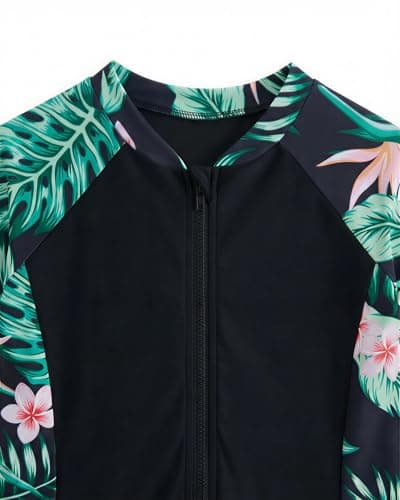 DivingBirds Girls Swimsuit 2 Piece Swim Set Short Sleeve Bathing Suit with Shorts Front Zip Modest Swimwear for Girls 9-10 Years Black Leaves - Thumbnail 5
