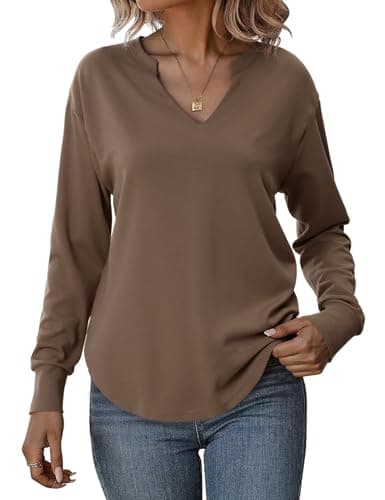 Totatuit Sweatshirts for Women V Neck Long Sleeve Shirts Loose Lightweight Curved Hem Casual Pullover Tops 2025 Fall Coffee Medium - Image 1