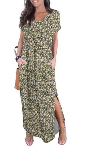 GRECERELLE Women's Summer Maxi Dress Casual Loose V Neck Short Sleeve Side Split Floral Long Dresses with Functional Pockets Black Yellow - Image 1