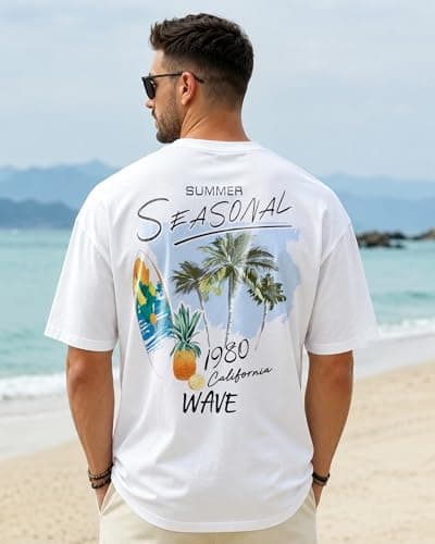 Mens Graphic T-Shirts Short Sleeve Surf Print Summer Top Crewneck Cotton Casual WAVERIDER Tees for Men - Thumbnail 3