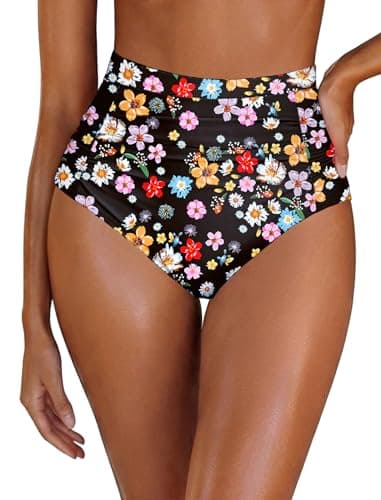 Arolina Women's High Waisted High Waisted Full Coverage Bathing Suit Bottoms Black Floral Tummy Control Ruched Swim Shorts Bikini Briefs - Image 1