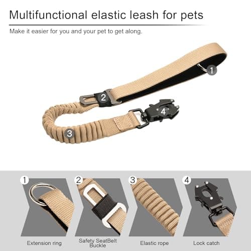 20” Strong Short Leash for Dog, Heavy Duty Bungee Dogs Leash with Padded Handle Car Seatbelt, Small Dog Training Leashs for Large or Medium Dogs - Can be Used with Other leashes (Khaki) - Thumbnail 6