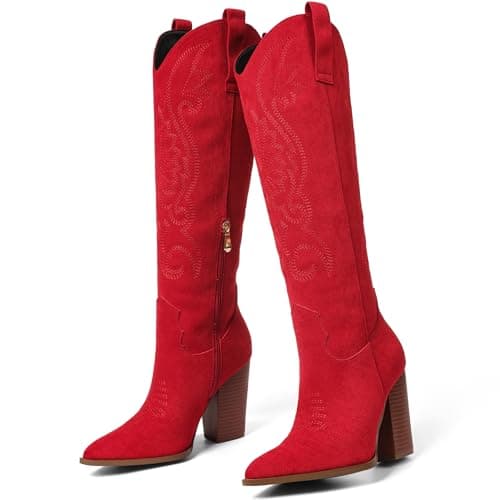 VOMIRA Red Cowboy Boots for Women Pointed Toe Embroidered Wide Calf Cowgirl Boots Western Knee High Cowboy Boots Women - Thumbnail 6