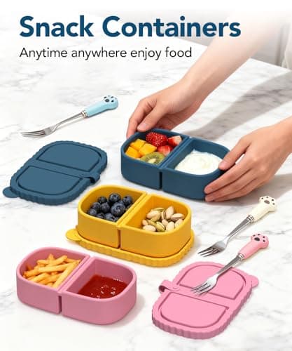 Niifawh 3 Pack Reusable Silicone Snack Containers, 8 oz Double Compartment Portable Snack Box with 3 Forks, Small Leakproof Food Storage Containers with Lids for Salad Dressing Sauce - Thumbnail 2