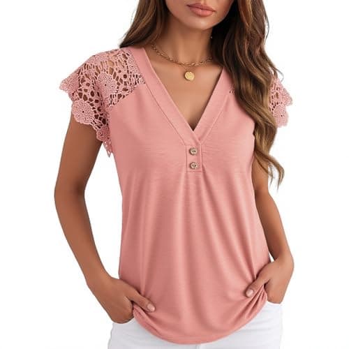 Angashion Womens Tops Lace Short Sleeve Casual V Neck Tunic with Button Summer Elegant Business Work Blouse Terra Cotta Small - Thumbnail 2