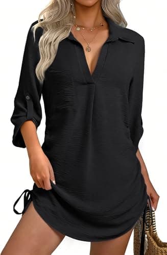 GKBK Women Swimsuit Coverup Bathing Suit Cover Ups for Swimwear Swim 2026 3/4 Sleeve Summer Set Hawaiian Clothes Pool Bikini Beachwear Drawstring Tropical Beach Dresses Shirt Black S - Image 1