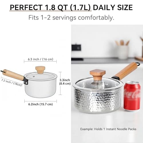 Boryenty Tri-Ply Stainless Steel Saucepan with Lid, 1.8 Quart - Heavy-Gauge Hammered Exterior, Smooth Interior Milk Pot. Induction Ready Cookware for Ramen, Sauces, Noodles. Stay-Cool Wood Handle - Thumbnail 6