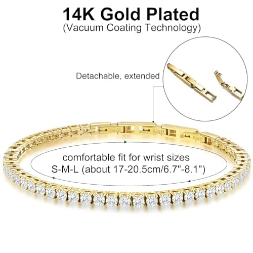 Tennis Bracelet for Women Men, 14K Gold Plated Round 3mm AAAA+ Cubic Zirconia CZ Dainty Classic Adjustable Stainless Steel Bracelets Festival Wedding Jewelry Gift (Gold, CZ 3mm) - Thumbnail 5