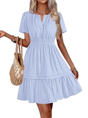 BTFBM Summer Dresses for Women 2026 Casual Boho Sundress Short Sleeve V Neck Ruffle A Line Beach Vacation Mini Dress(Light Blue, Medium) - Image 1