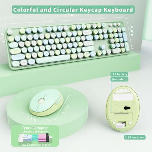 Wireless Keyboard and Mouse Combo, Ergonomic Full Size Typewriter Retro Round Keycaps Keyboard, Compatible with Windows, PC, Perfer for Home and Office Keyboards (Green - Thumbnail 5