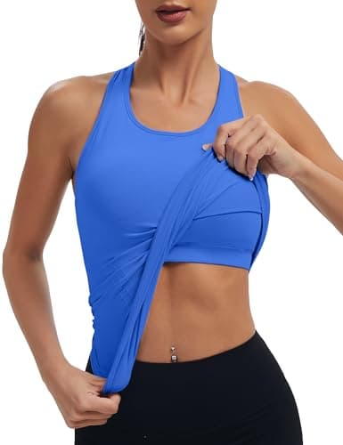 Women's Seamless Racerback Tank Top, Crew Neck Workout Yoga Padded Athletic Shirts Lake Blue - Image 1