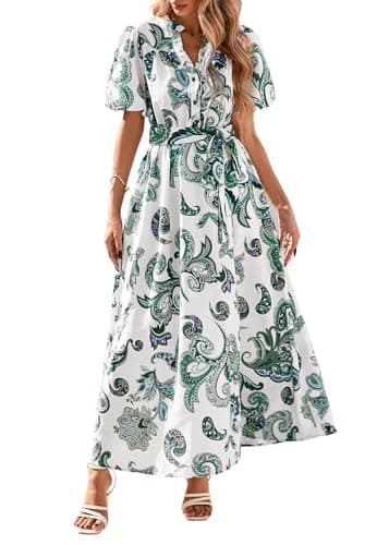 KIRUNDO Women Spring Summer Wedding Guest Boho Floral Maxi Dress Puff Sleeve Button Shirt V Neck Flowy Beach Vacation Dress(Green, Small) - Image 1