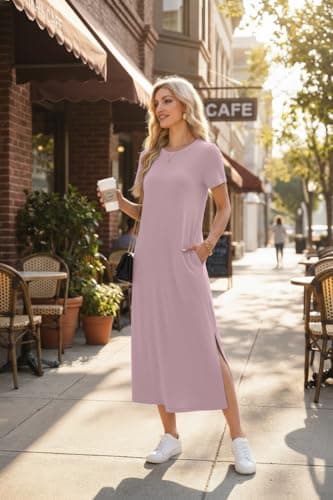 Lepunuo Summer Dresses for Women 2025 Round Neck Casual Split Maxi Dresses with Pockets - Thumbnail 3