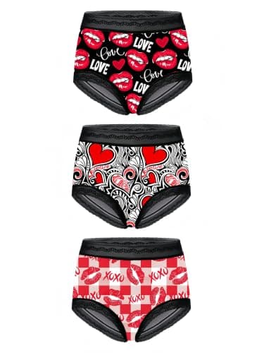 Dircho Women's Gothic Boy Short Panties, 3 Pack Heart & Lip Print Underwear, Romantic Stretchy Lace Trims Brief - Thumbnail 5