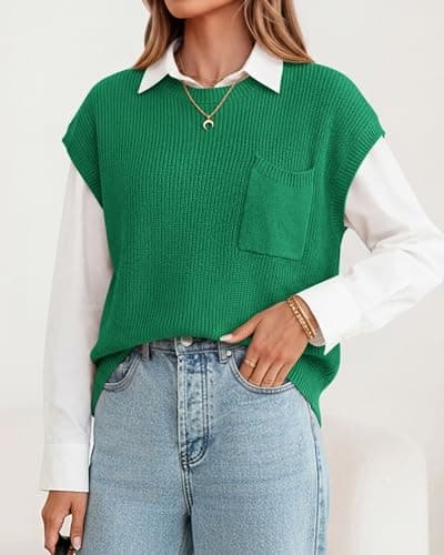 KIRUNDO Spring Summer Short Sleeve Sweater for Women 2026 Casual Sweater Vest Cotton Knit Pullover Tank Tops Fashion Clothing(Green, Medium) - Thumbnail 6