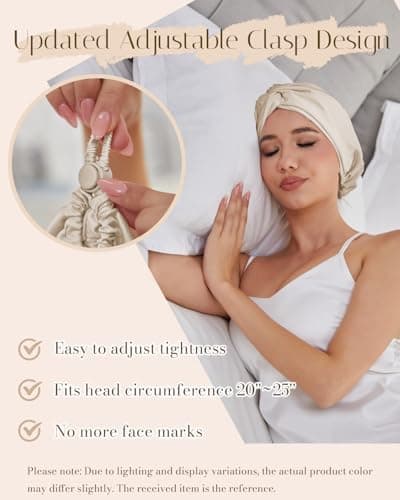 HFRHTGY Adjustable Silk Satin Hair Bonnet for Sleeping Women Hair Wrap, Double Layer Night Turban, Sleep Cap for Natural Curly Straight Unisex - Champagne - Thumbnail 2