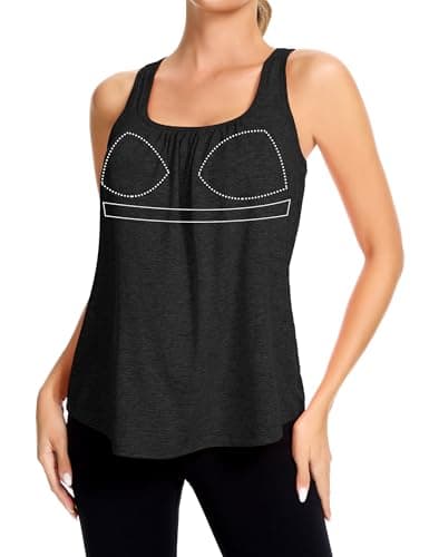 SLIMBELLE Mesh Racer Back Tank Tops Womens Gym Yoga Athletic Workout Tops Round Neck Sleeveless Loose Fit Cami with Built in Bra Black M - Image 1