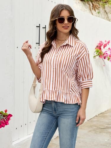 Womens Cropped Striped Shirts Button Down Half Sleeve Ruffle Bottom V Neck Casual Summer Blouse Tops Khaki XL - Thumbnail 3