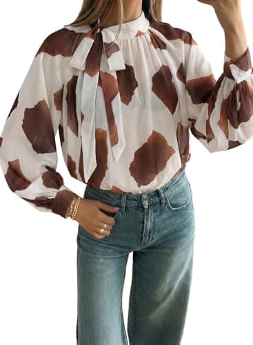 Dokotoo Fall Tops for Women Trendy Casual Floral Print Tie Neck Flowy Pleated Long Sleeve Mock Neck Oversized Shirt Stylish Sexy Semi Sheer Tops Blouse Brown Large - Image 1