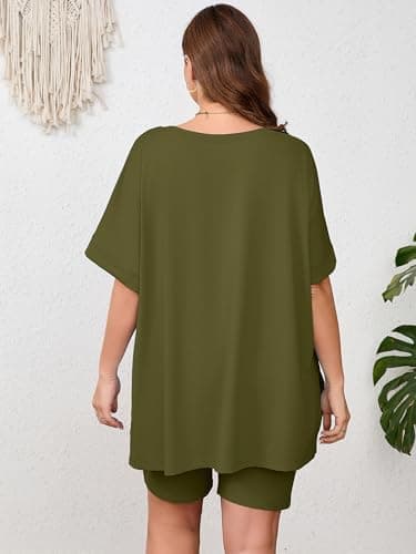 AusLook Women's Plus size 2 Piece Short Outfits Set Short Sleeve Tops and Shorts Pants Army Green 2X Casual Comfy Soft Ladies Short Sleepwear Lounge Pajama Matching Set - Thumbnail 2