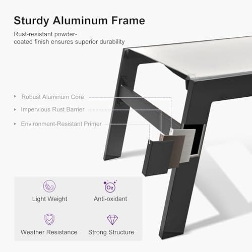 PURPLE LEAF Outdoor Lounge Chair Set of 3 Patio Chaise Pool Lounger Aluminum Frame with Side Table and Wheels for Outside Sunbathing Tanning Recliner Including Pillows White - Thumbnail 6