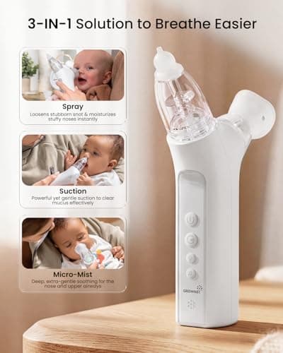 GROWNSY SniffEase Spa 3-in-1 Nasal Aspirator for Baby – Spray, Suction & Mist, Hospital-Grade Powerful Electric Nose Suction with Soothing Light & Music, Larger Chamber (Grey) - Thumbnail 2