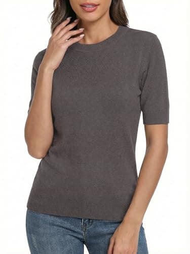 LaGracia Wool Blend Sweaters for Women Crewneck Short Sleeve Lightweight Sweater Office Summer Outfits Coffee 2XL - Thumbnail 3