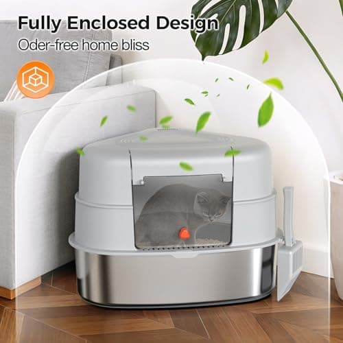Chumajor XXL Stainless Steel Corner Cat Litter Box with Lid - Sturdy, No Odor & Space-Saving Hidden Design for Large Cats, Grey - Thumbnail 4