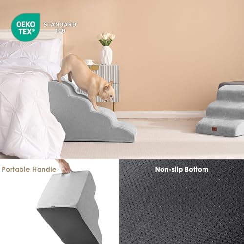 EHEYCIGA Curved Dog Stairs Ramp for High Beds 19.7" H, 4-Step Dog Steps for Small Dogs and Cats, Pet Stairs for High Bed Climbing, Non-Slip Balanced Pet Step Indoor, Light Grey - Thumbnail 5