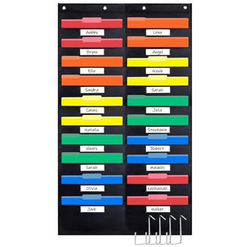 Opret 20 Pockets Storage Pocket Chart with 20 Nametag Pockets, Hanging Wall File Organizer for File Folders with 4 Hangers for Classroom, Office, School Mailbox Organizer and Home (Black)