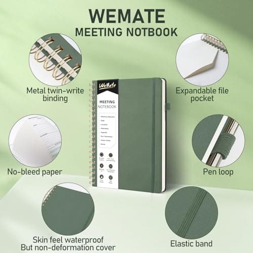 WEMATE Meeting Notebook for Work B5 (7"x10") - PU Leather Work Notebook with Agenda, Action Items & Notes - 200 Pages for Men&Women, Staff and Students, Meeting, Projects Planning - Olive Green - Thumbnail 6