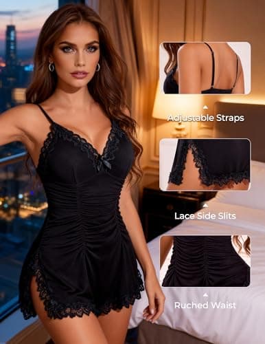 Girece Nightgowns for Women Sexy Ruched Chemise Lingerie Sleeveless Side Slits Lace Trim Sleep Dress for Date Night or Sleeping(Black,S) - Thumbnail 2