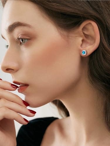 Bestyle Blue Topaz CZ Stud Earrings,Birthstone Earrings Stud for Women Sterling Silver Square Cubic Zirconia Stud Earrings Hypoallergenic Silver Earrings for Women - Thumbnail 3