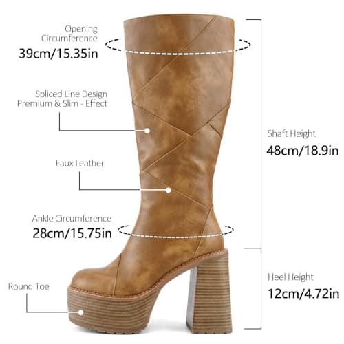 QIV Brown Knee High Platform for Women Chunky Round Toe High Heel Motorcycle Combat Punk Tall Boots with Side Zipper Size 8 - Thumbnail 6