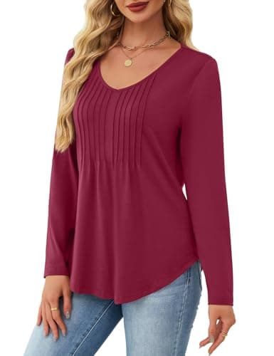 JUSTFASHIONNOW Shirts for Women Trendy Long Sleeve Tops V Neck Ladies Dressy Blouses Pleated Maternity Shirt Tunics Early Fall Fashion (Wine Red, Medium) - Thumbnail 2