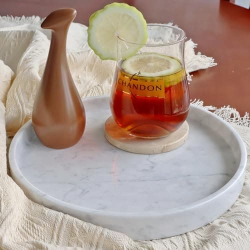 Apasqro Carrara White Marble Tray Round 10 Inch, Natural Stone Perfume & Dessert Tray, Elegant Serving & Display Plate for Home, Vanity, 2 cm Deep, Non-Slip Base - Image 1