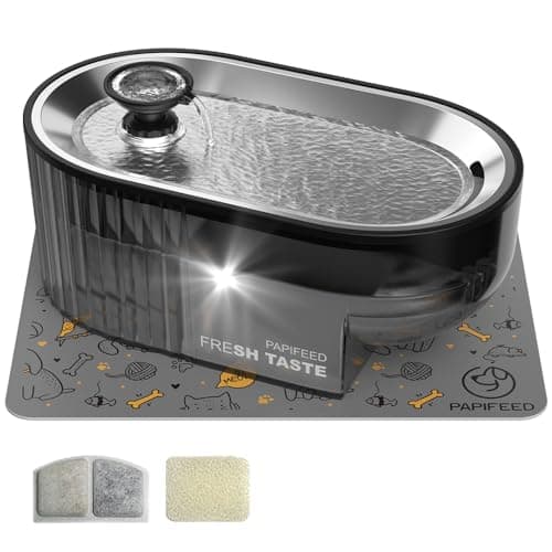 Cat Water Fountain Stainless Steel with a Silicone Mat, 84oz/2.5L Automatic Cat Water Fountain with Water Level Window and LED Light, Quiet Low Power Cat Water Bowl & Cat Water Dispenser(Black)