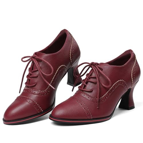 Yremael Women's Red Oxfords Dress Wingtip Vintage Comfortable Chunky High Heel Lace Up Brogues Booties - Thumbnail 4
