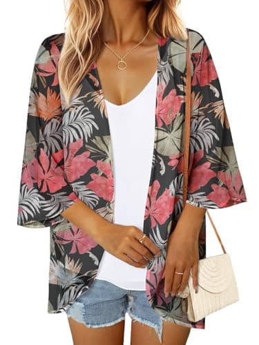 GKBK Women's Floral Print Puff Sleeve Kimono Trendy Swimsuit Cardigan Spring Loose Cover Up Casual Blouse Tops Black Coral S - Image 1