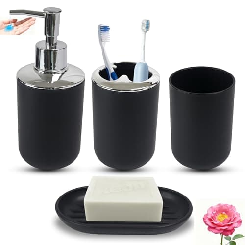 4 Piece Bathroom Accessories Set, Plastic Bathroom Toothbrush Holder Set- Bathroom Sets, Toothbrush Holder, Mouthwash Cup, Soap Dispenser, Soap Dish, Boho Modern Bath Decor Gift for Home, Black - Image 1