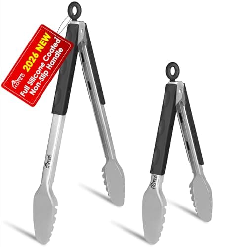 Hotec Stainless Steel Kitchen Tongs, Set of 2-9" and 12", Locking Metal Food Tongs for Cooking, Serving, BBQ, Grill Non-Slip Grip - Image 1