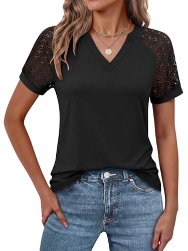 ANRABESS Womens Short Sleeve V Neck Shirts Lace Dressy Casual Blouse 2026 Summer Business Work Tops Vacation Trendy T-Shirts Black XX-Large