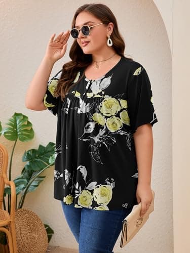 AusLook Plus Size Floral Tunic Tops for Women Pleated Babydoll Blouse Short Sleeve Round Neck Loose Fit Casual Flowy Black Golden Floral 2X Tunic Shirts Summer Tops to Wear with Leggings - Thumbnail 4