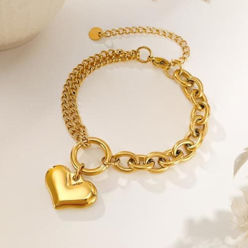 Alegend Titanium Steel (Not Rust, Resist Corruption, Easily Clean) 18K Gold Plated Romantic Heart Charm Bracelet - Adjustable Fit - Thumbnail 6