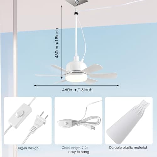 AHAWILL Outdoor Ceiling Fans with Lights,18" Gazebo Fan with Hanging Hook,Plug in Ceiling Fan,3CCT Dimmable,Portable Fan for Patios,Tent,Camping.White - Thumbnail 2