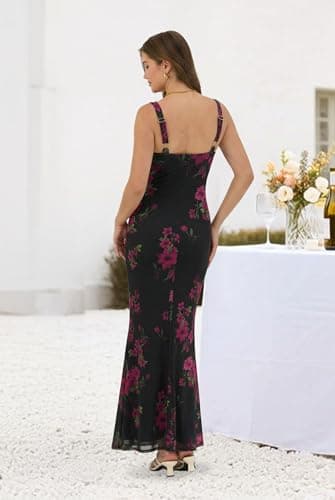 ZAFUL Pink Flower Dress Wedding Guest Dress for Women's Sexy Dress Formal Sleeveless Mesh Ruched Bodycon Maxi Party Long Dresses Sexy - Thumbnail 2