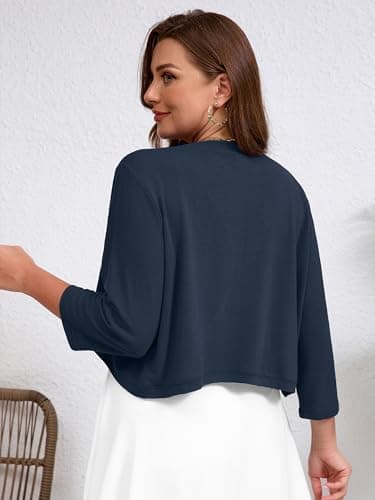 AusLook Plus Size Women Bolero Shrugs 3/4 Sleeve Navy Blue 4X Open Front Knit Lightweight Coat Cropped Tops Shawls and Wraps Cardigan Dressy Sweater Clothes - Thumbnail 2
