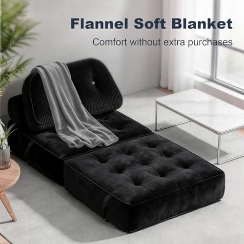 NESLAKO Folding Sofa Bed, Flannel Futon Couch Bed with Pillow and Blanket, Convertible Sleeper Chair for Small Space Apartment Guest Room, Black - Thumbnail 5