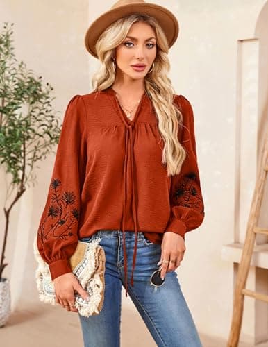 LOOKBOHO Womens Boho Tops V Neck Embroidered Shirt Long Sleeve Dressy Casual Vacation Trendy Blouses Brown XXL - Thumbnail 2